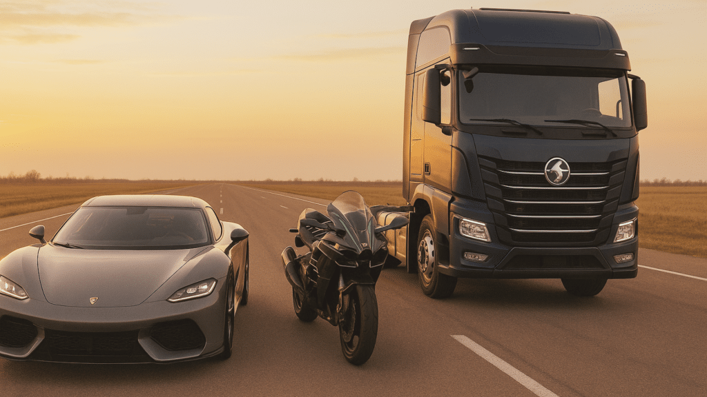 moto, caminhão e carro com mais cv